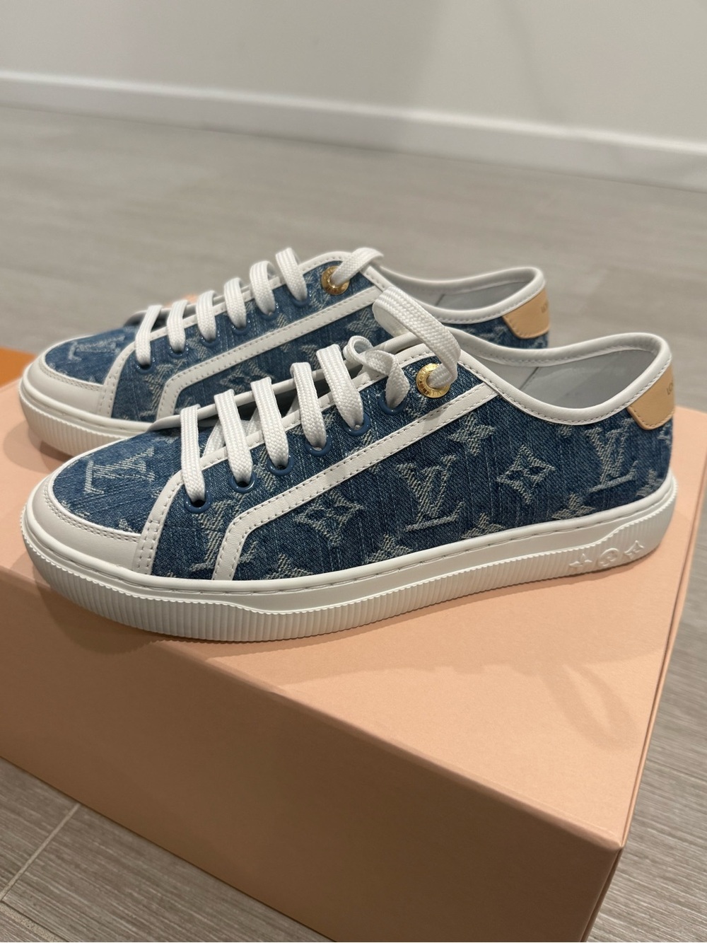 Louis Vuitton Monogram Denim Sneakers in Blue and White with Tan Accent